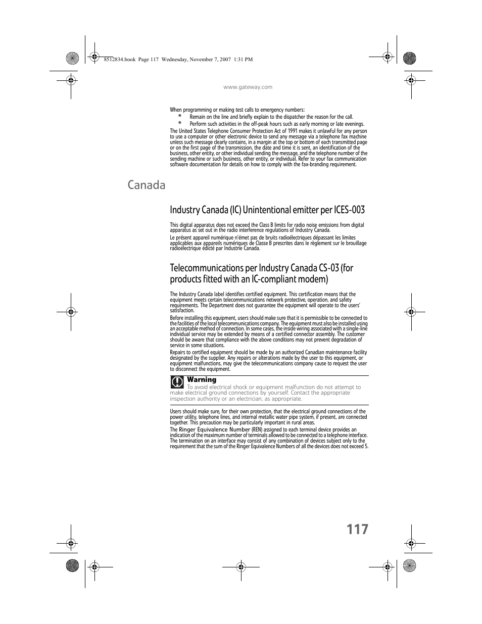 Canada | Gateway FX User Manual | Page 123 / 140