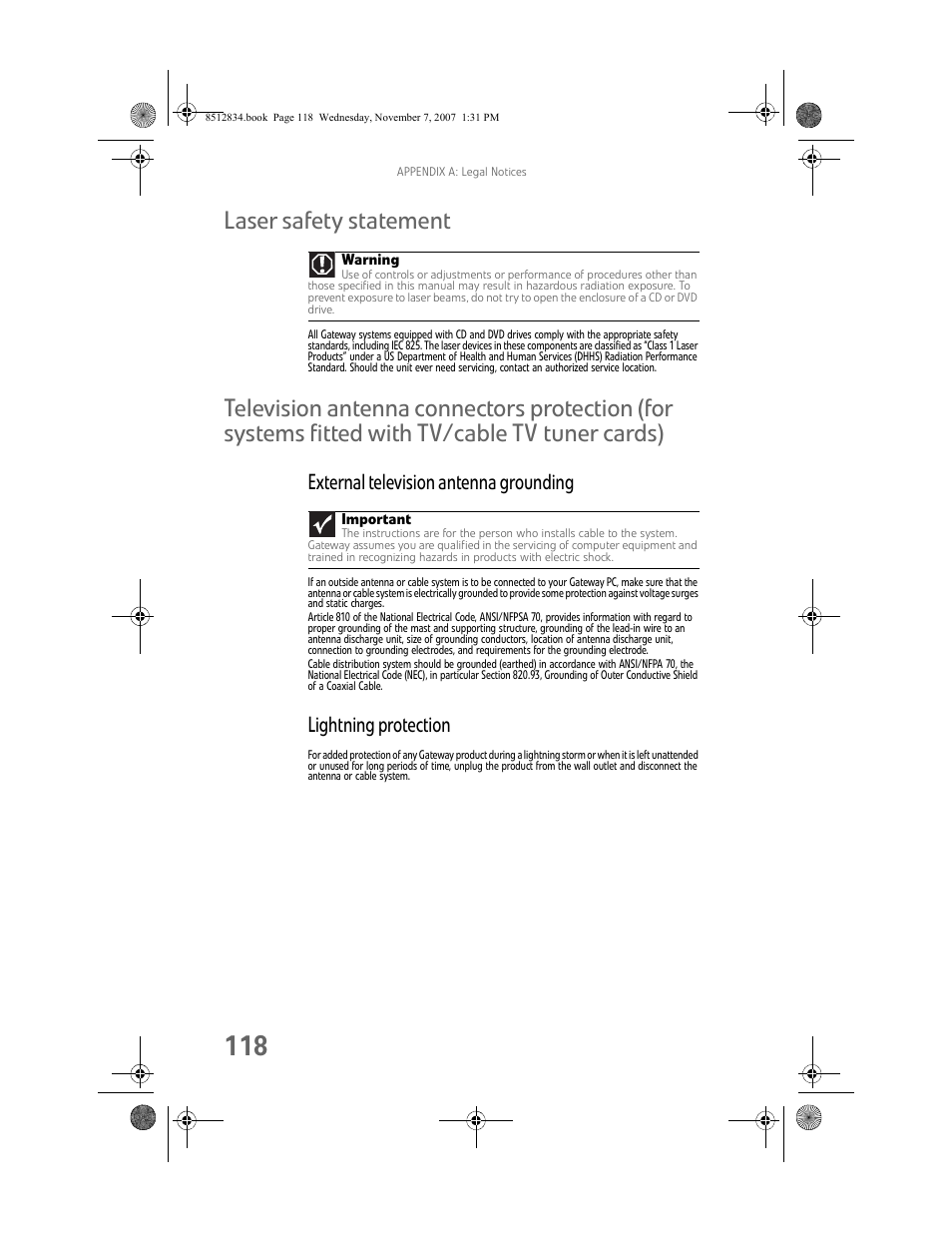 Laser safety statement, External television antenna grounding, Lightning protection | Gateway FX User Manual | Page 124 / 140