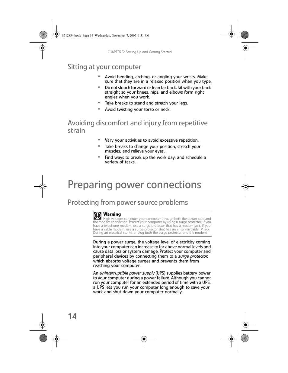 Sitting at your computer, Preparing power connections, Protecting from power source problems | Gateway FX User Manual | Page 20 / 140