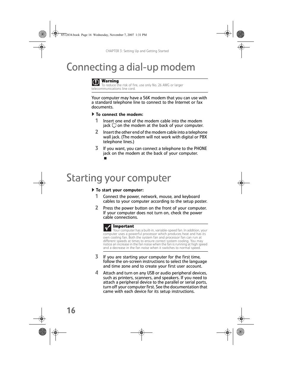 Connecting a dial-up modem, To connect the modem, Starting your computer | To start your computer, Connecting a dial-up modem starting your computer, Connecting a dial-up | Gateway FX User Manual | Page 22 / 140