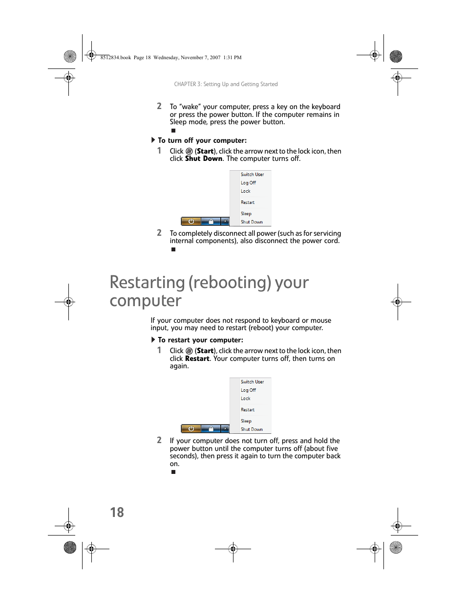 To turn off your computer, Restarting (rebooting) your computer, To restart your computer | Gateway FX User Manual | Page 24 / 140