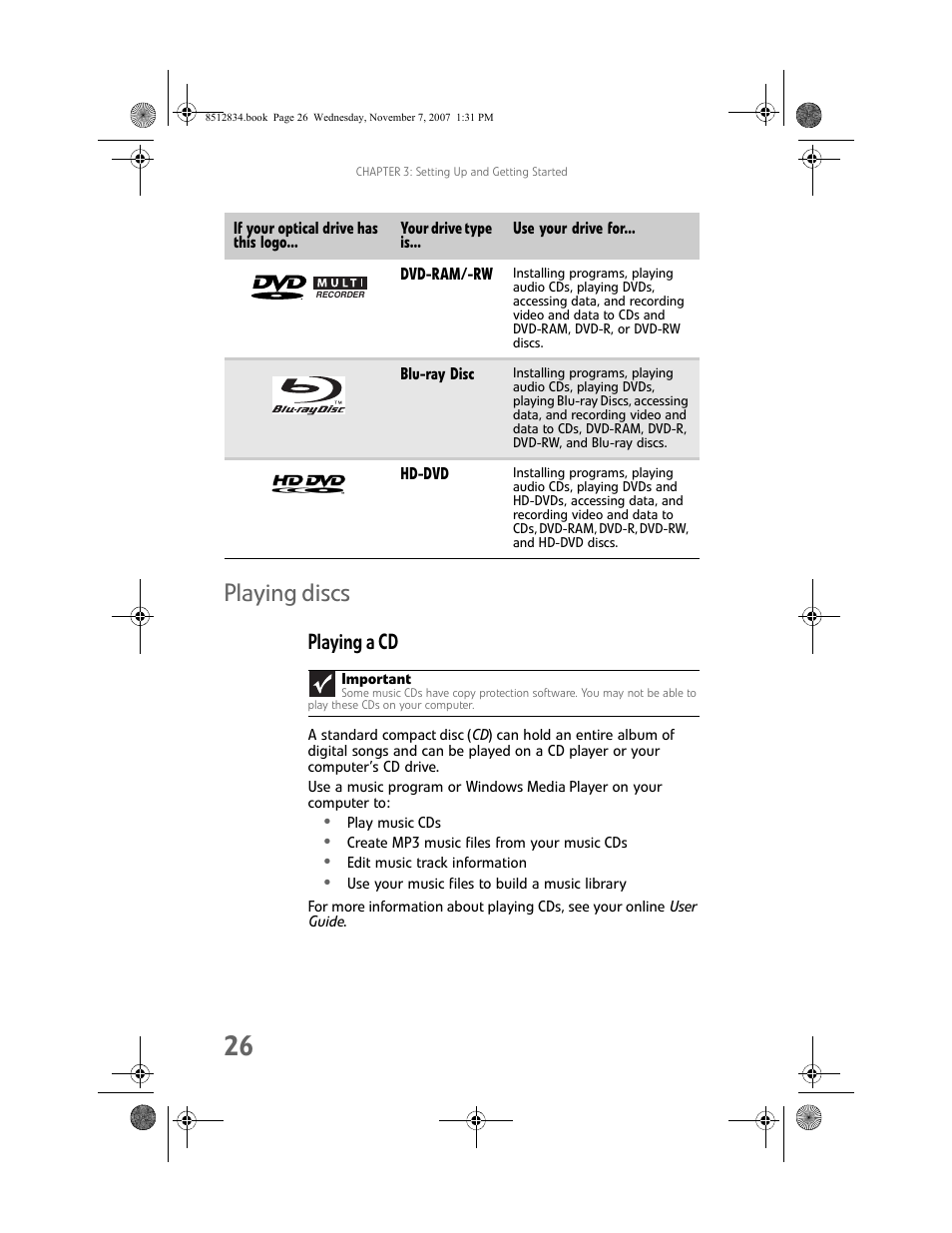 Playing discs, Playing a cd | Gateway FX User Manual | Page 32 / 140