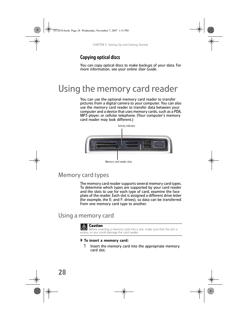 Copying optical discs, Using the memory card reader, Memory card types | Using a memory card, To insert a memory card, Memory card types using a memory card | Gateway FX User Manual | Page 34 / 140