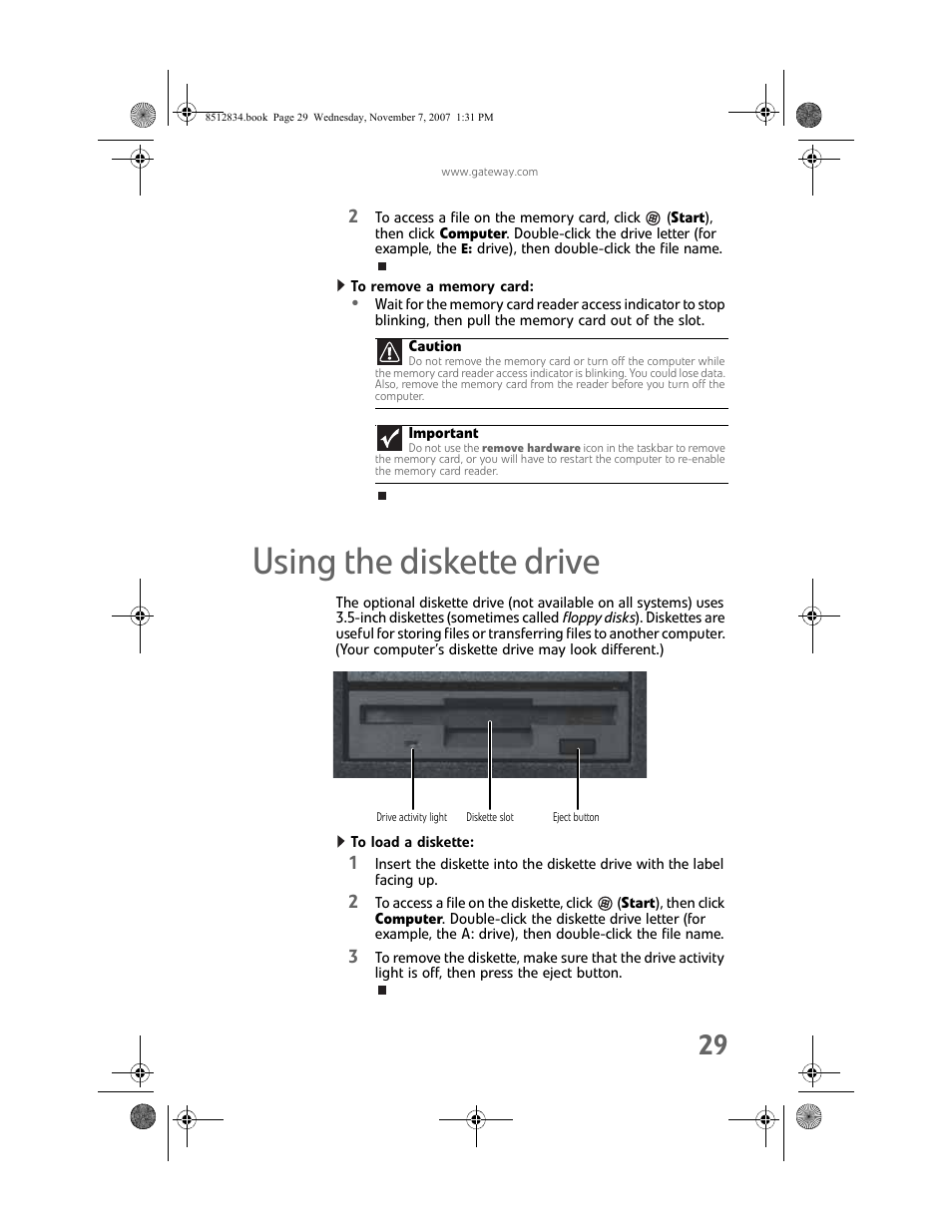 To remove a memory card, Using the diskette drive, To load a diskette | Gateway FX User Manual | Page 35 / 140