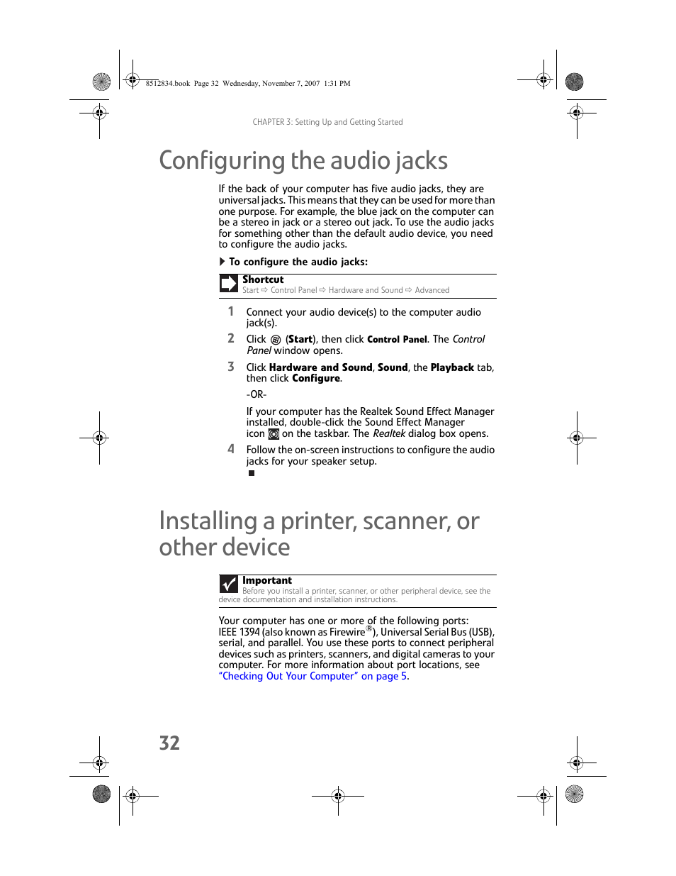 Configuring the audio jacks, To configure the audio jacks, Installing a printer, scanner, or other device | Installing a printer, Configuring the | Gateway FX User Manual | Page 38 / 140