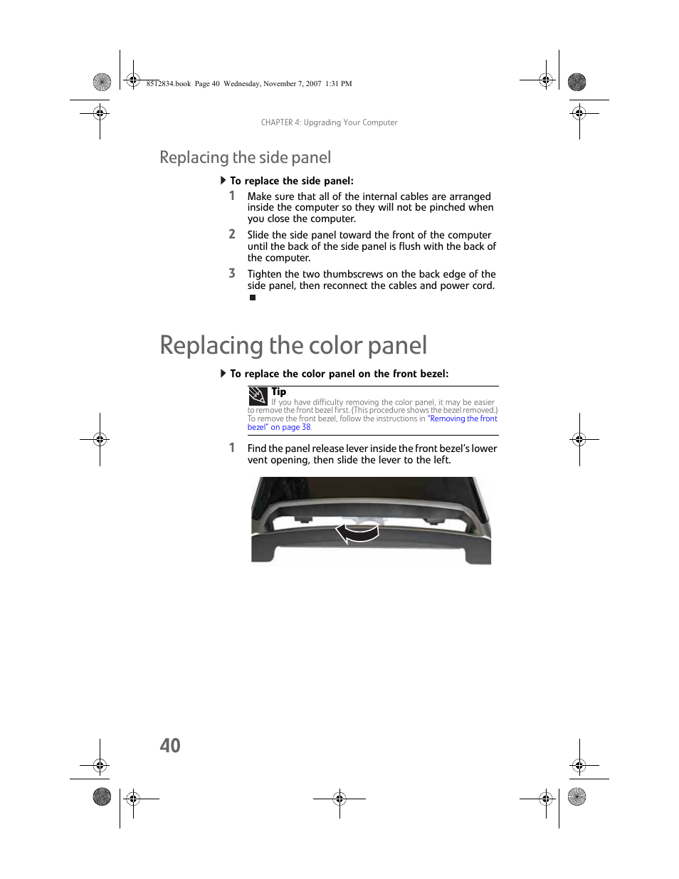 Replacing the side panel, To replace the side panel, Replacing the color panel | To replace the color panel on the front bezel | Gateway FX User Manual | Page 46 / 140