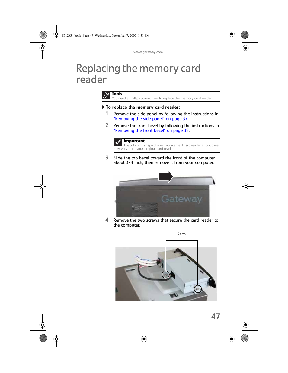 Replacing the memory card reader, To replace the memory card reader | Gateway FX User Manual | Page 53 / 140