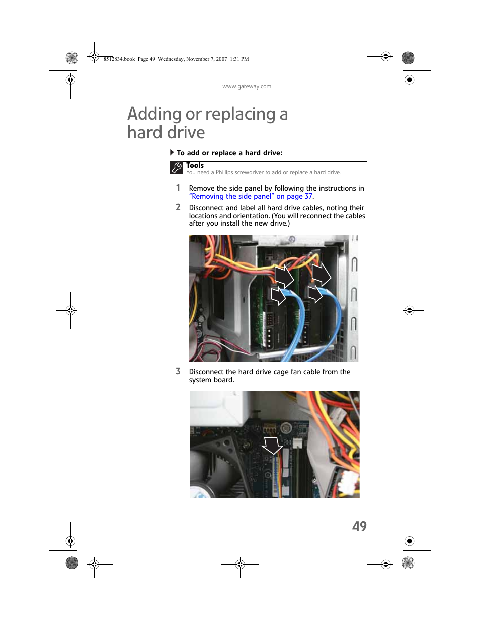 Adding or replacing a hard drive, To add or replace a hard drive | Gateway FX User Manual | Page 55 / 140