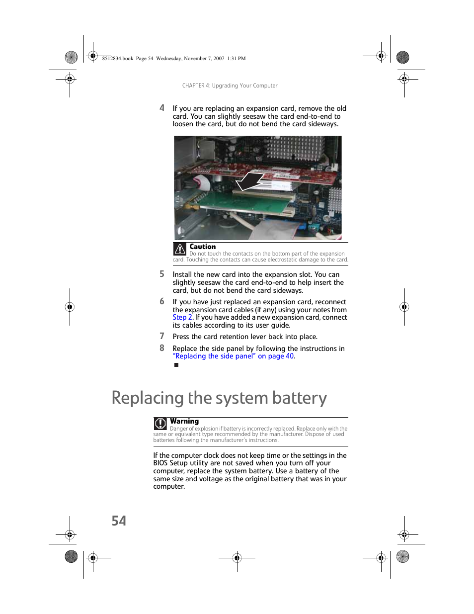 Replacing the system battery | Gateway FX User Manual | Page 60 / 140