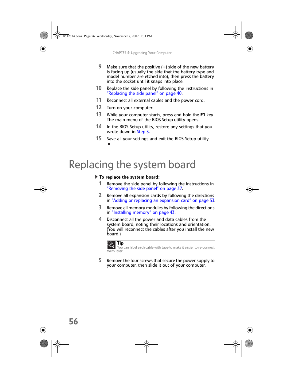 Replacing the system board, To replace the system board | Gateway FX User Manual | Page 62 / 140