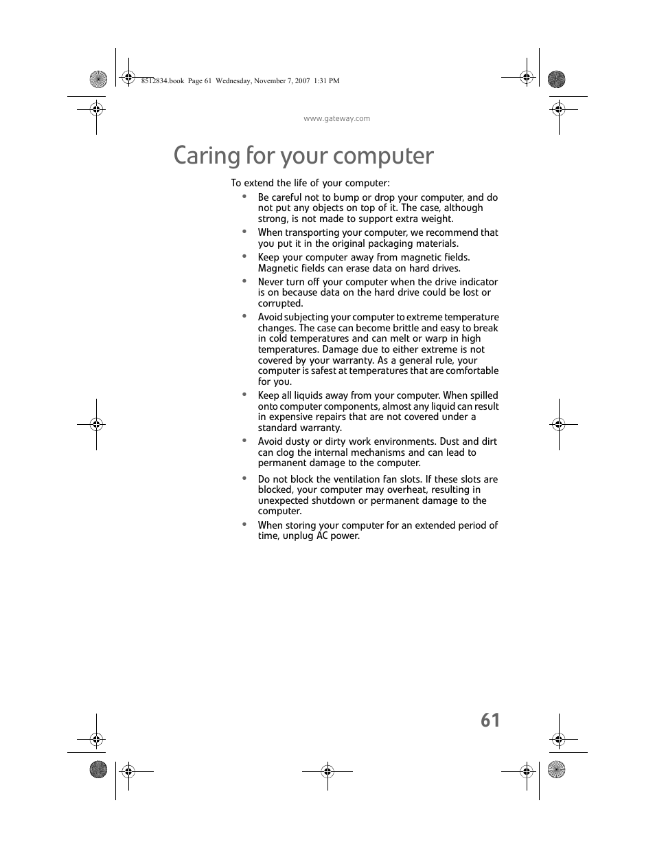 Caring for your computer | Gateway FX User Manual | Page 67 / 140