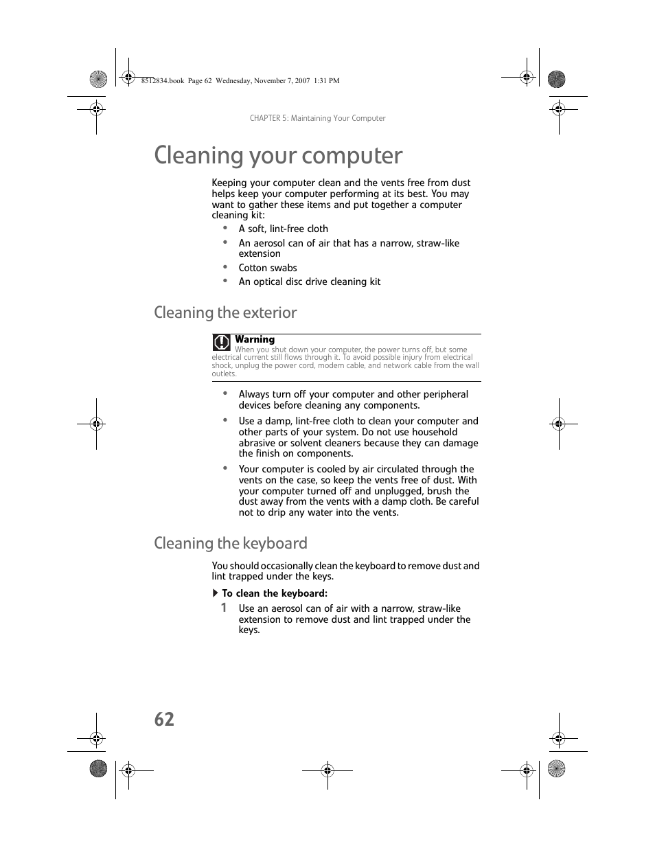 Cleaning your computer, Cleaning the exterior, Cleaning the keyboard | To clean the keyboard, Cleaning the exterior cleaning the keyboard | Gateway FX User Manual | Page 68 / 140