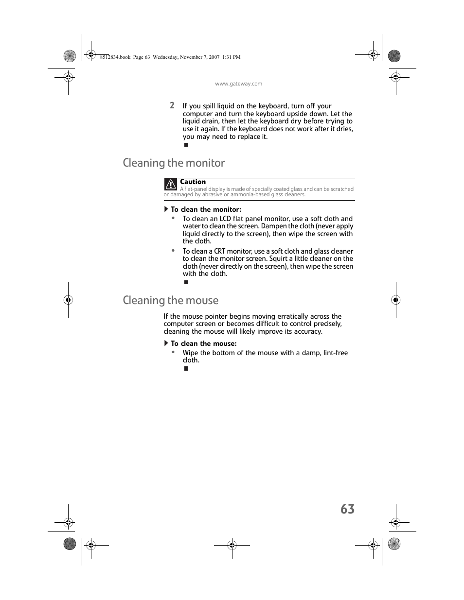 Cleaning the monitor, To clean the monitor, Cleaning the mouse | To clean the mouse, Cleaning the monitor cleaning the mouse | Gateway FX User Manual | Page 69 / 140