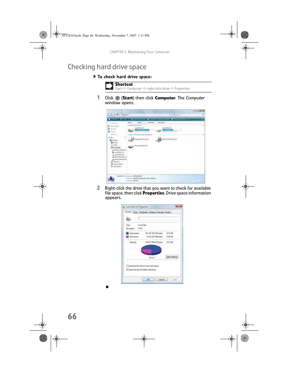 Checking hard drive space, To check hard drive space | Gateway FX User Manual | Page 72 / 140