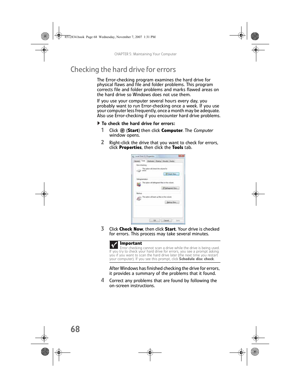 Checking the hard drive for errors, To check the hard drive for errors | Gateway FX User Manual | Page 74 / 140