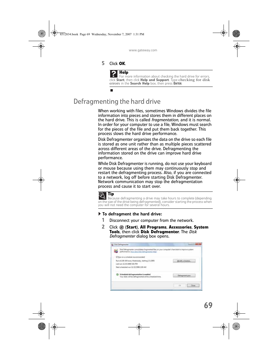 Defragmenting the hard drive, To defragment the hard drive | Gateway FX User Manual | Page 75 / 140