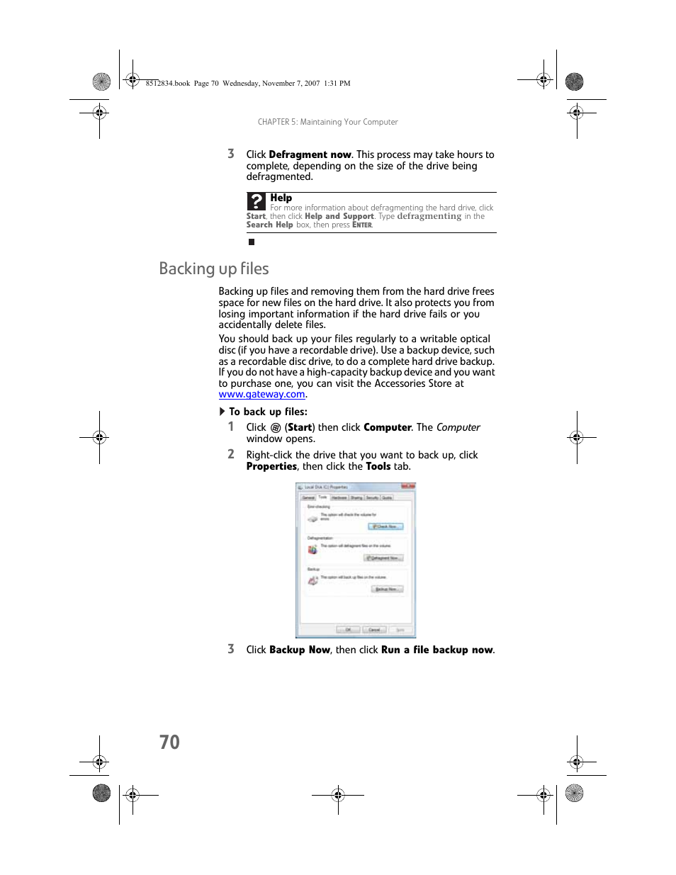 Backing up files, To back up files | Gateway FX User Manual | Page 76 / 140