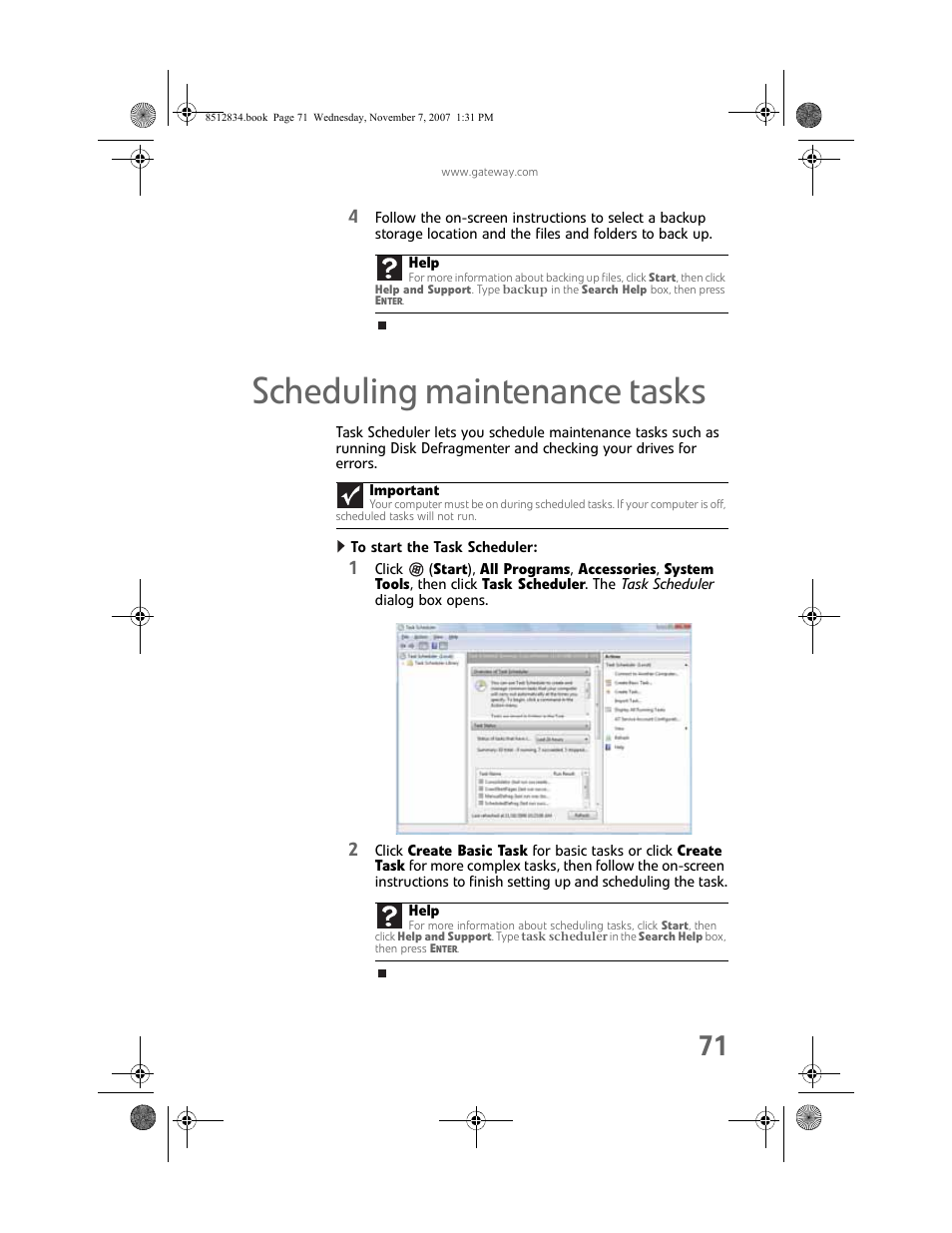 Scheduling maintenance tasks, To start the task scheduler | Gateway FX User Manual | Page 77 / 140
