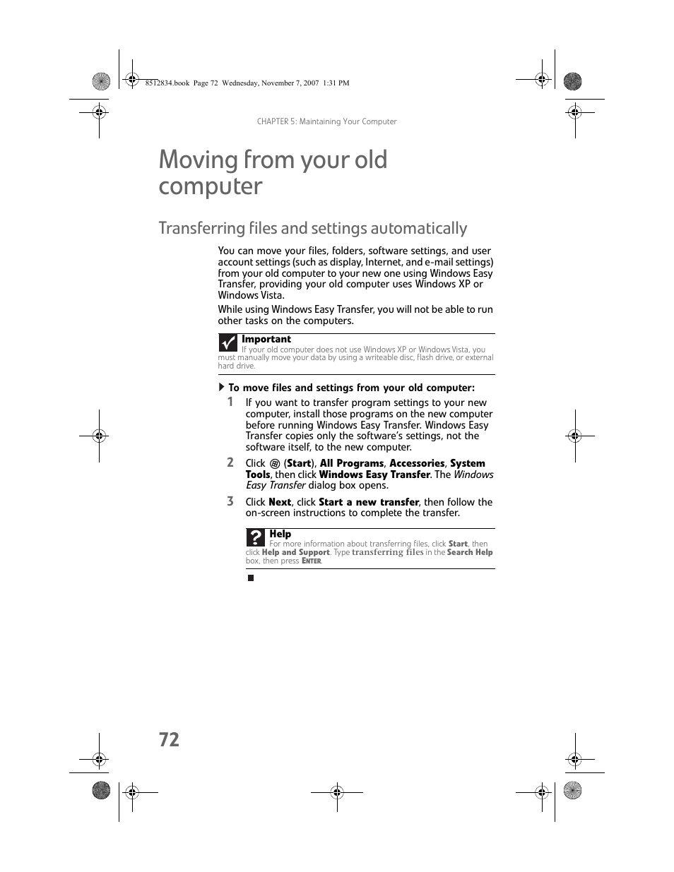 Moving from your old computer, Transferring files and settings automatically, To move files and settings from your old computer | Gateway FX User Manual | Page 78 / 140