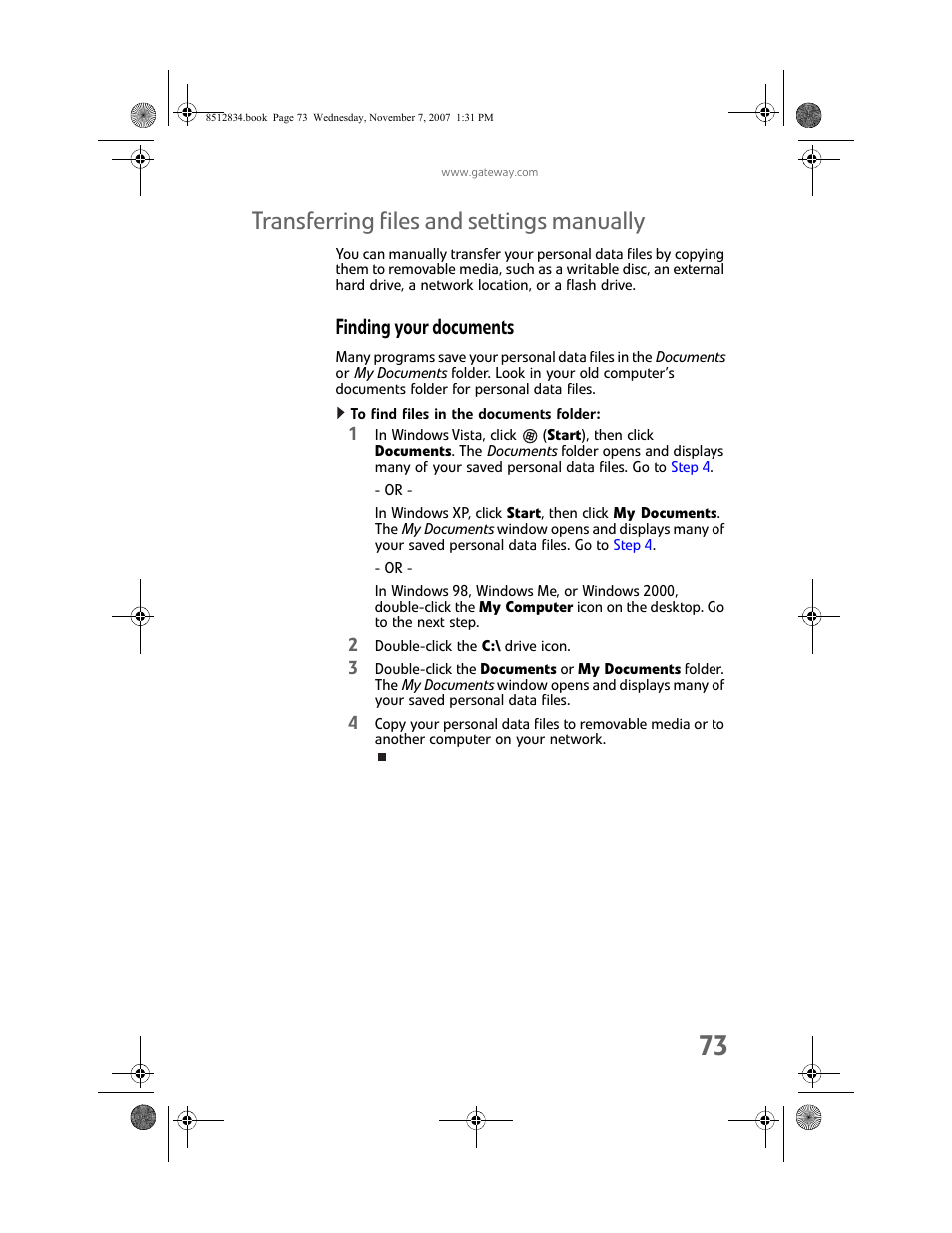 Transferring files and settings manually, Finding your documents, To find files in the documents folder | Gateway FX User Manual | Page 79 / 140