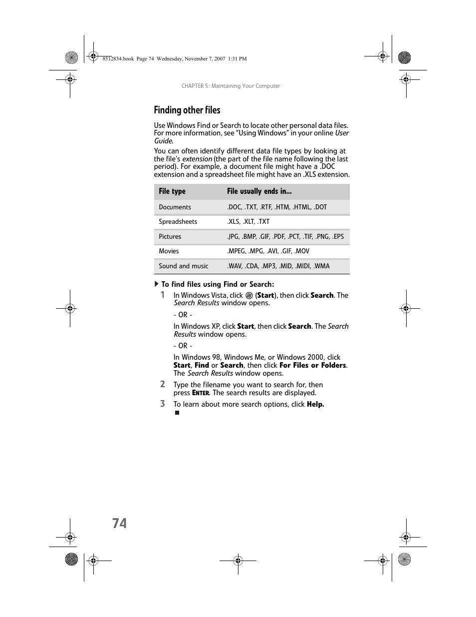 Finding other files, To find files using find or search | Gateway FX User Manual | Page 80 / 140