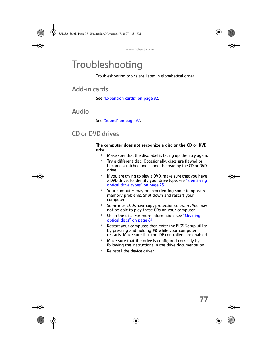 Troubleshooting, Add-in cards, Audio | Cd or dvd drives, Add-in cards audio cd or dvd drives | Gateway FX User Manual | Page 83 / 140