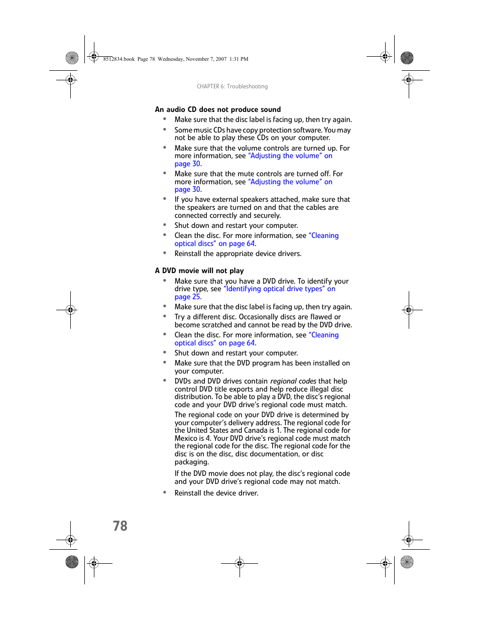 An audio cd does not produce sound, A dvd movie will not play | Gateway FX User Manual | Page 84 / 140