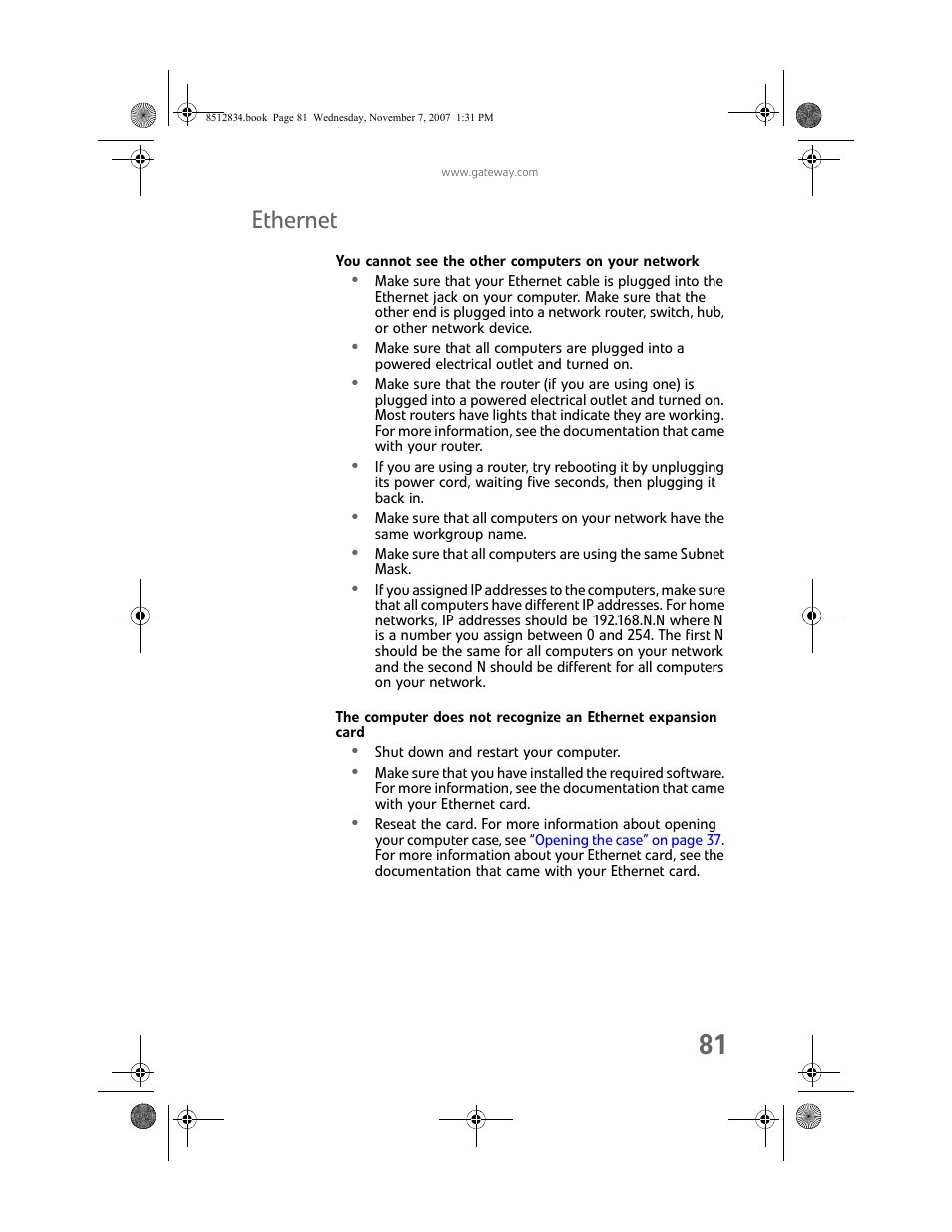 Ethernet, You cannot see the other computers on your network | Gateway FX User Manual | Page 87 / 140