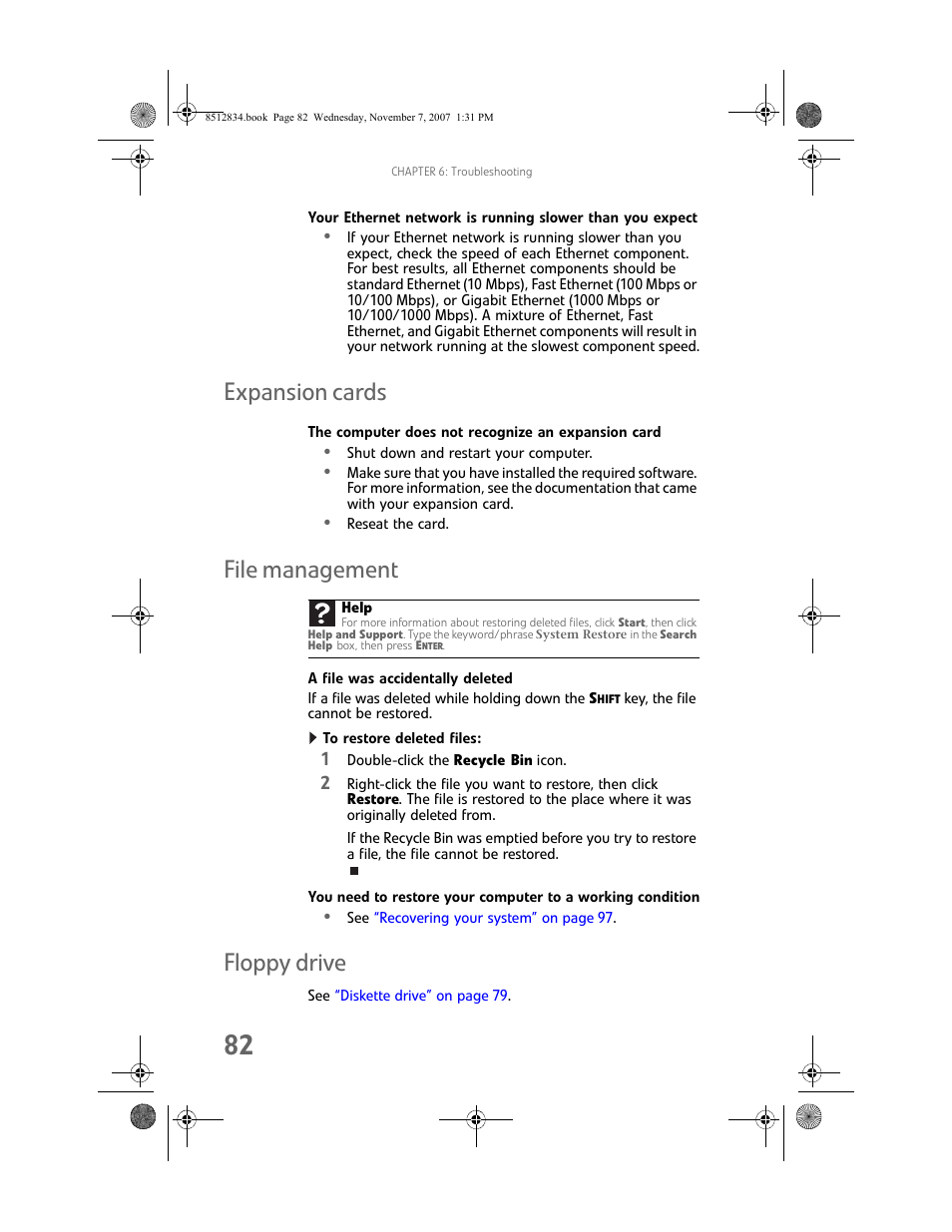Expansion cards, The computer does not recognize an expansion card, File management | A file was accidentally deleted, To restore deleted files, Floppy drive, Expansion cards file management floppy drive | Gateway FX User Manual | Page 88 / 140