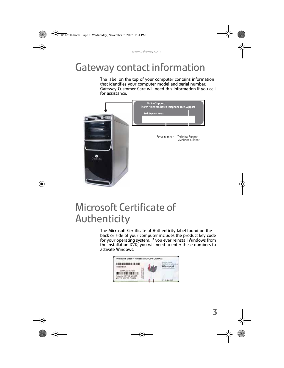 Gateway contact information, Microsoft certificate of authenticity | Gateway FX User Manual | Page 9 / 140