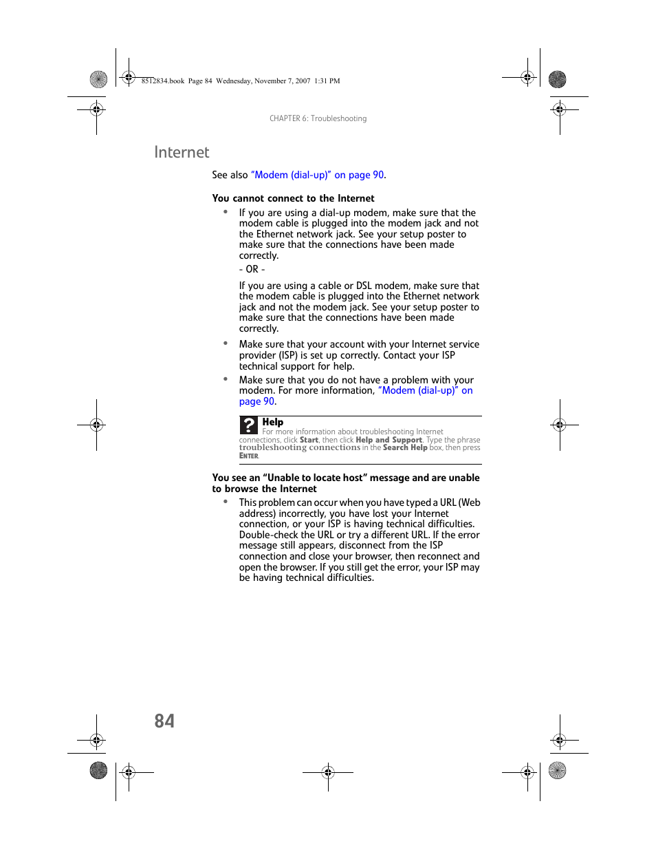 Internet, You cannot connect to the internet | Gateway FX User Manual | Page 90 / 140