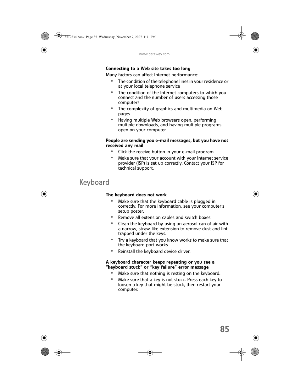 Connecting to a web site takes too long, Keyboard, The keyboard does not work | Gateway FX User Manual | Page 91 / 140