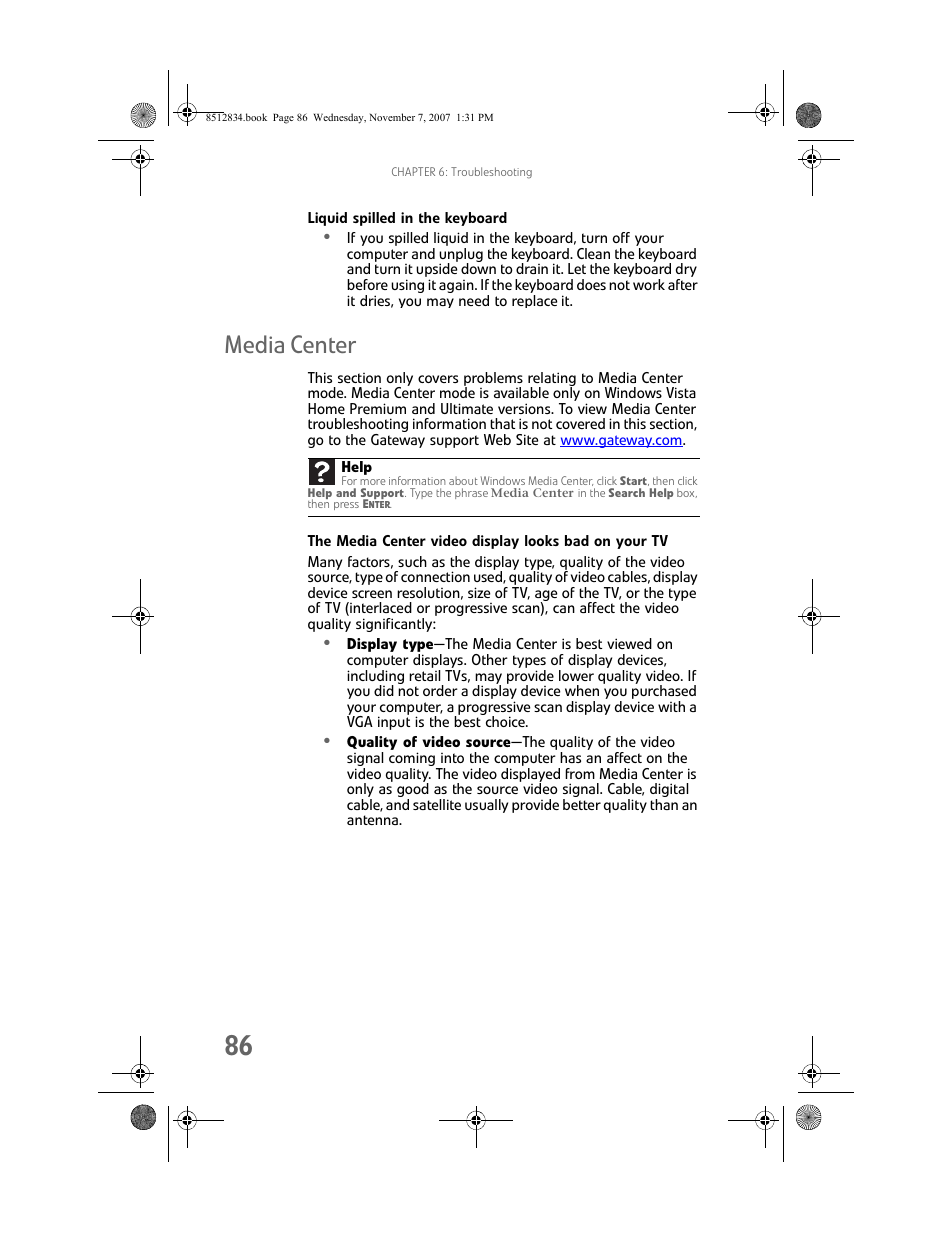 Liquid spilled in the keyboard, Media center | Gateway FX User Manual | Page 92 / 140