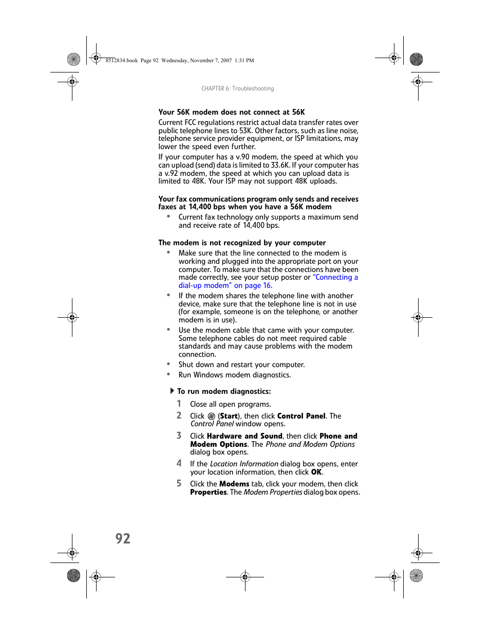 Your 56k modem does not connect at 56k, The modem is not recognized by your computer, To run modem diagnostics | Gateway FX User Manual | Page 98 / 140