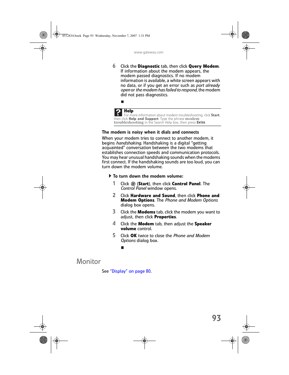 The modem is noisy when it dials and connects, To turn down the modem volume, Monitor | Gateway FX User Manual | Page 99 / 140