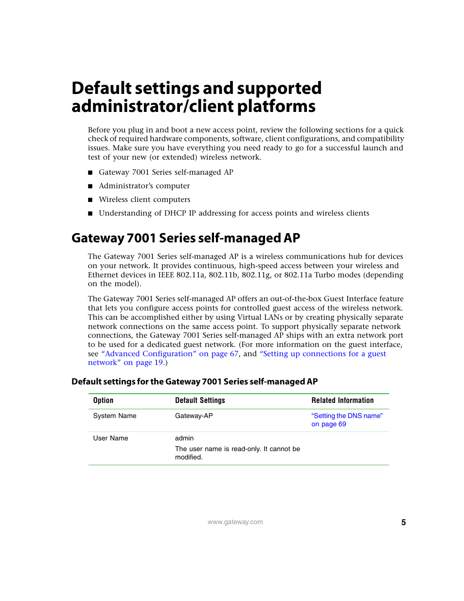 Gateway 7001 series self-managed ap, Default settings and supported, Administrator/client platforms | Gateway 7001 Series User Manual | Page 10 / 218