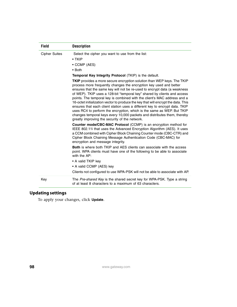 Updating settings | Gateway 7001 Series User Manual | Page 103 / 218