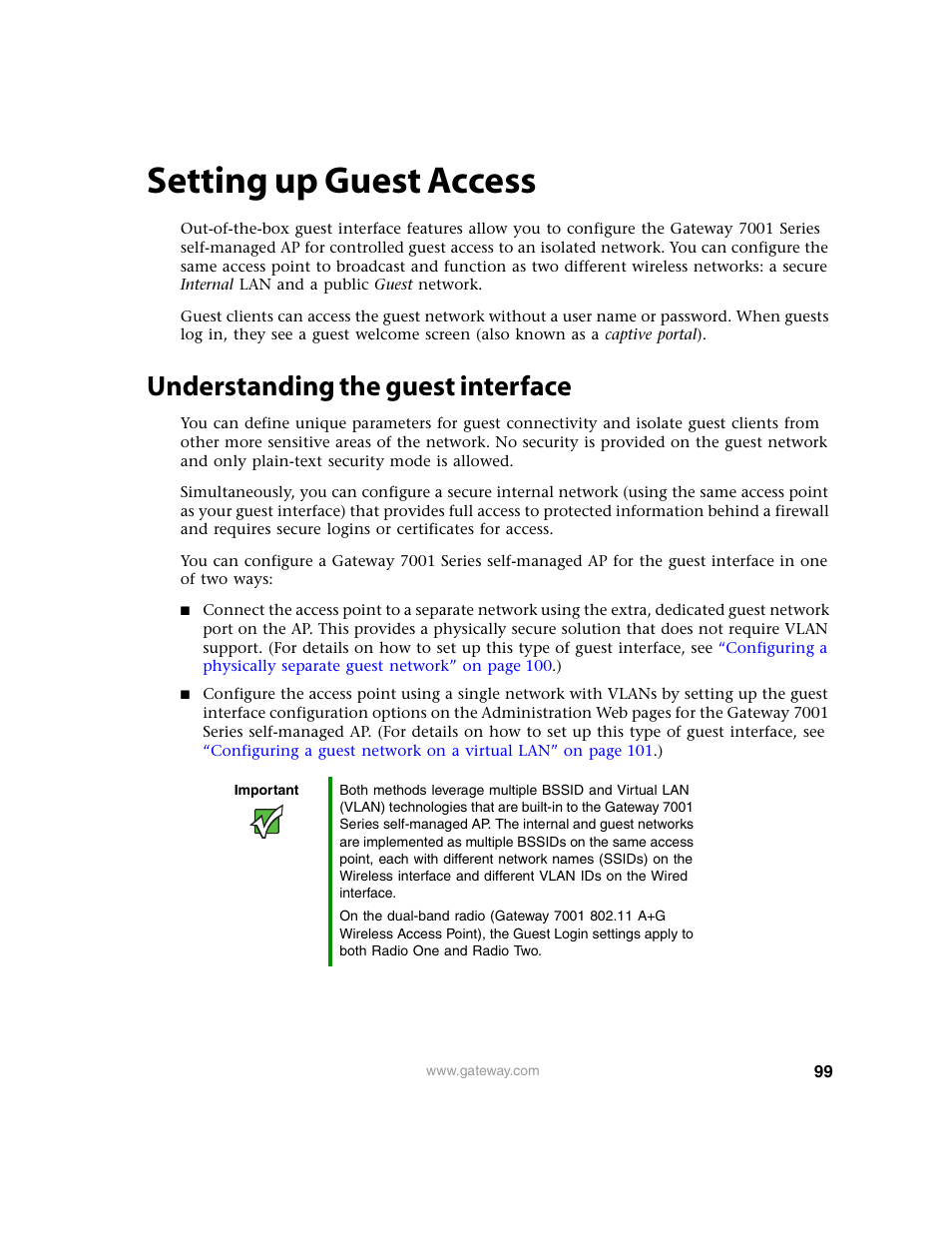 Setting up guest access, Understanding the guest interface, Setting up guest | Gateway 7001 Series User Manual | Page 104 / 218