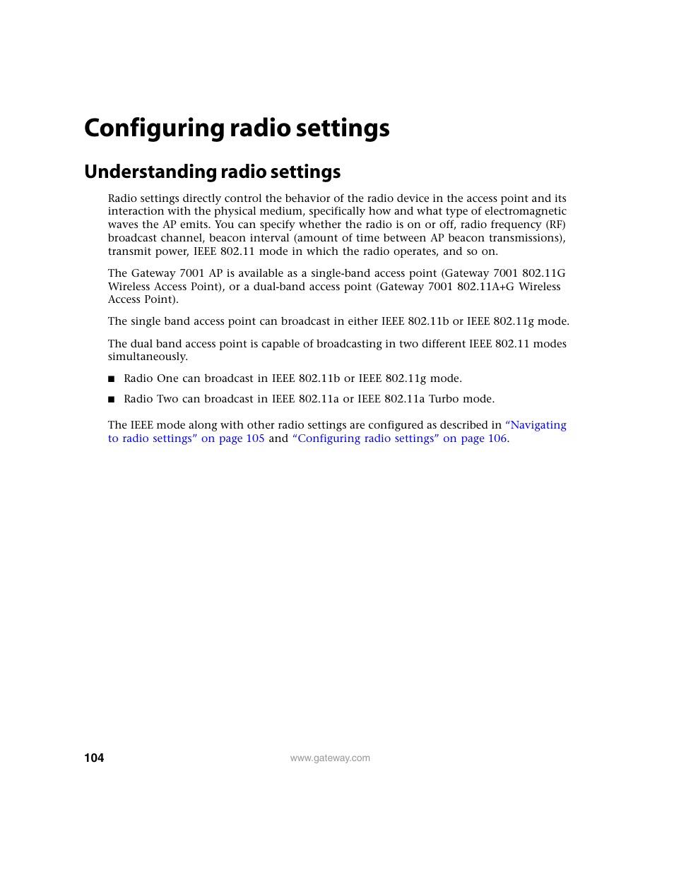 Configuring radio settings, Understanding radio settings | Gateway 7001 Series User Manual | Page 109 / 218