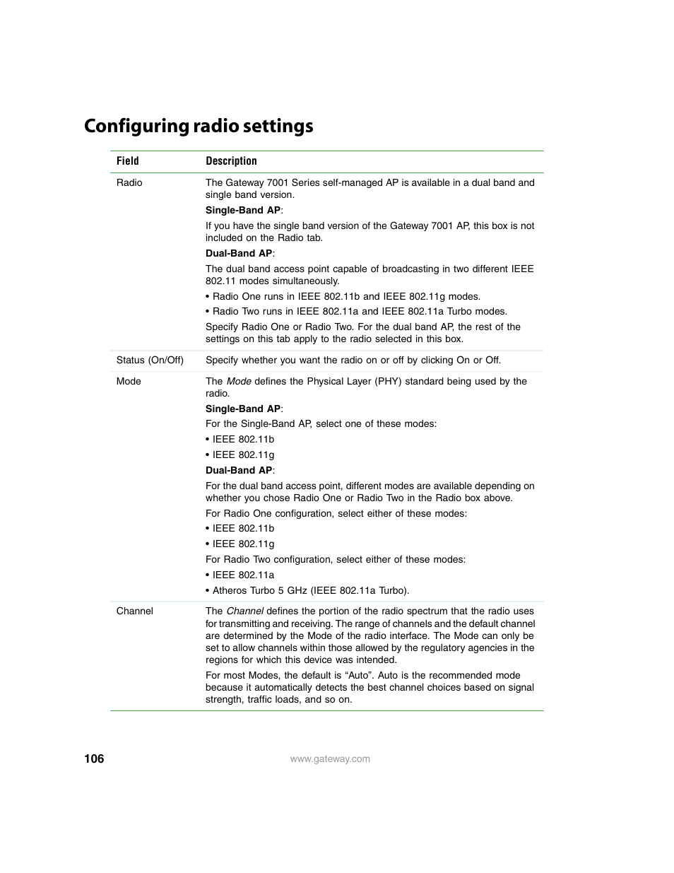 Configuring radio settings | Gateway 7001 Series User Manual | Page 111 / 218