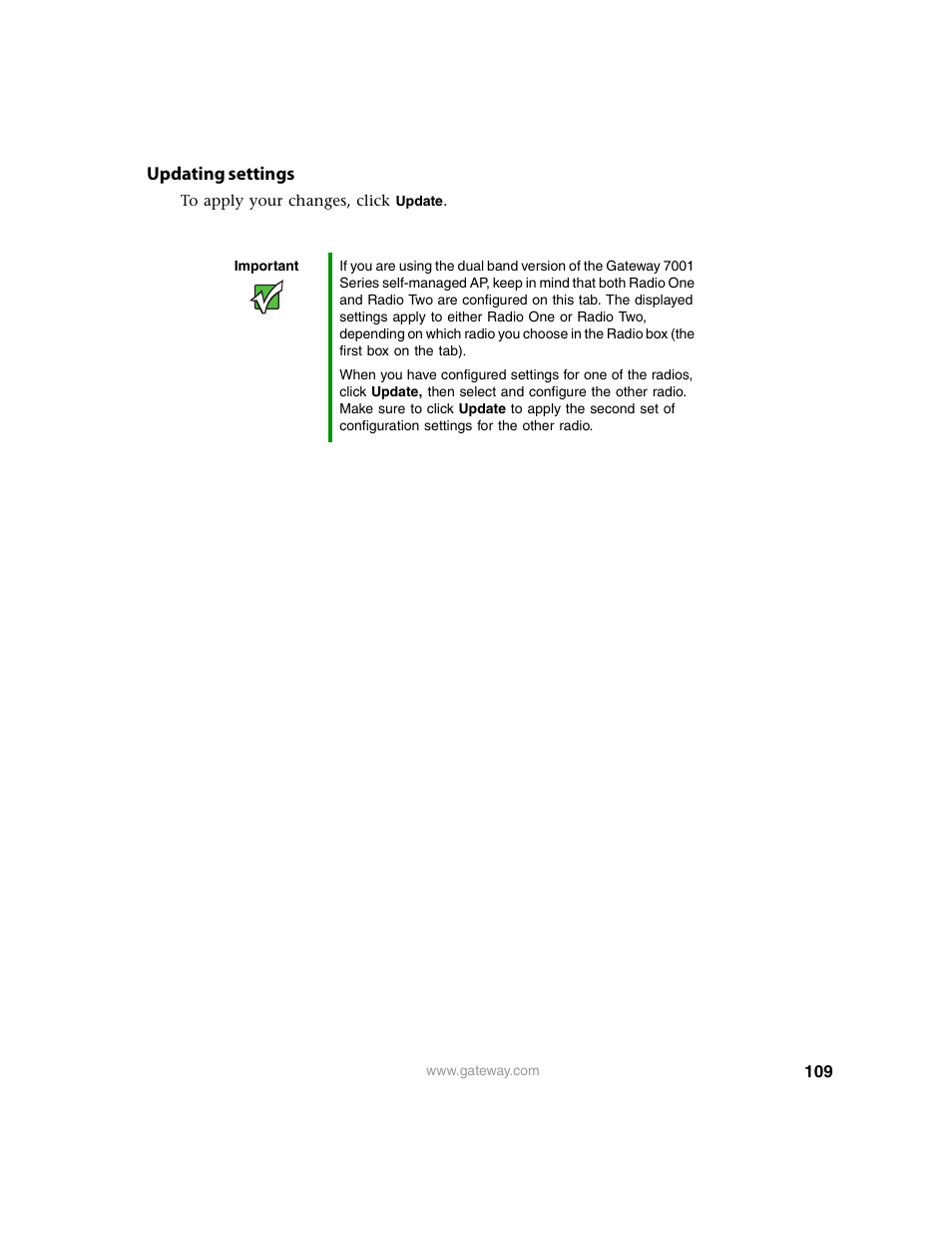 Updating settings | Gateway 7001 Series User Manual | Page 114 / 218