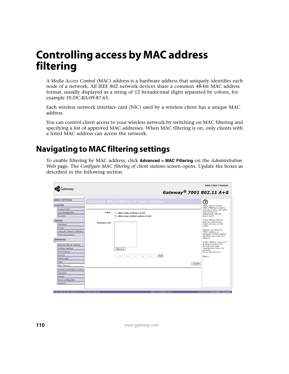 Controlling access by mac address filtering, Navigating to mac filtering settings | Gateway 7001 Series User Manual | Page 115 / 218