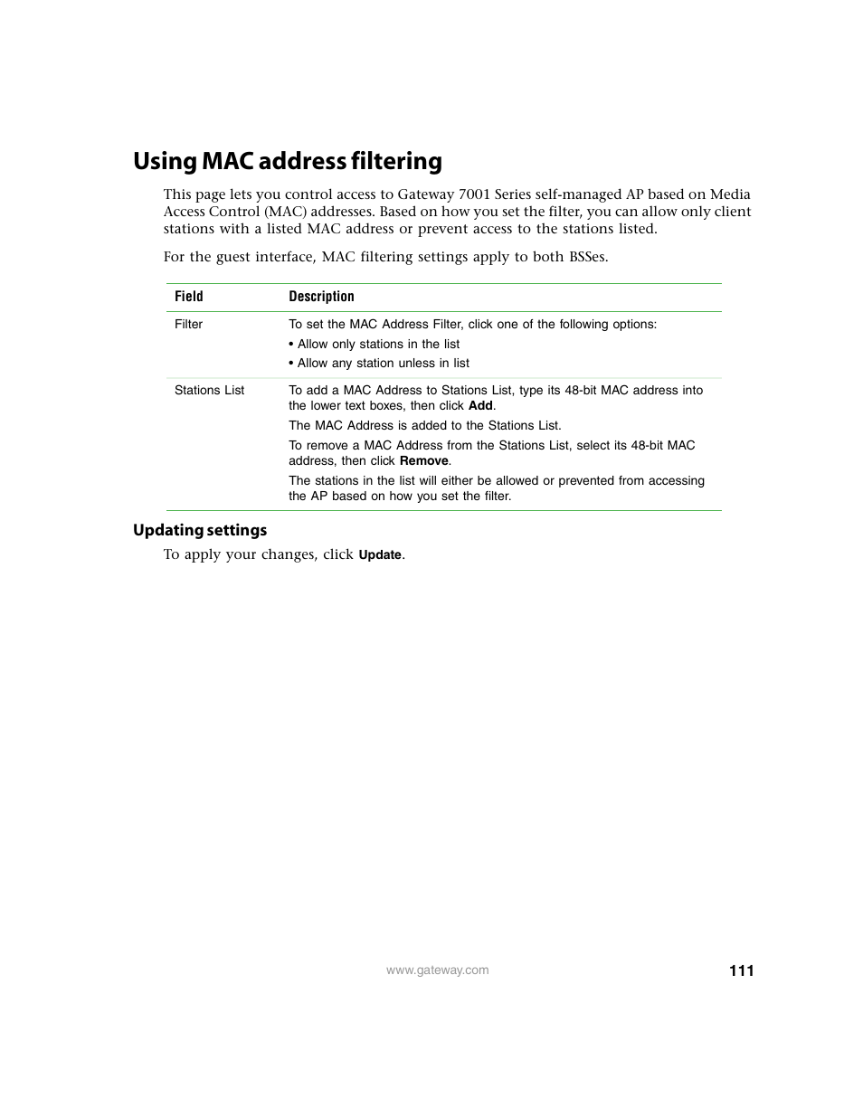 Using mac address filtering, Updating settings | Gateway 7001 Series User Manual | Page 116 / 218