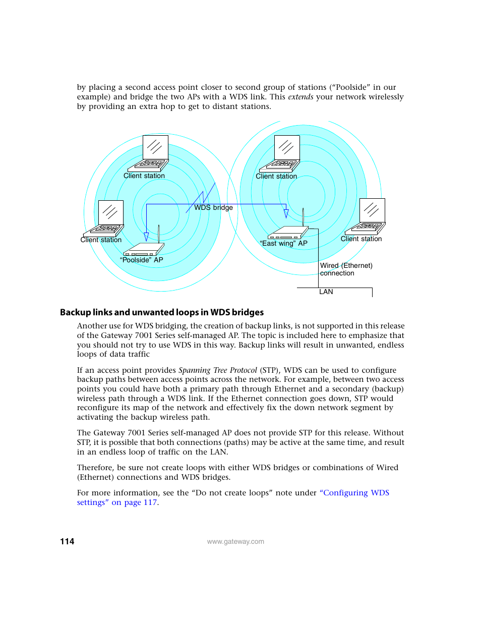 Backup links and unwanted loops in wds bridges | Gateway 7001 Series User Manual | Page 119 / 218