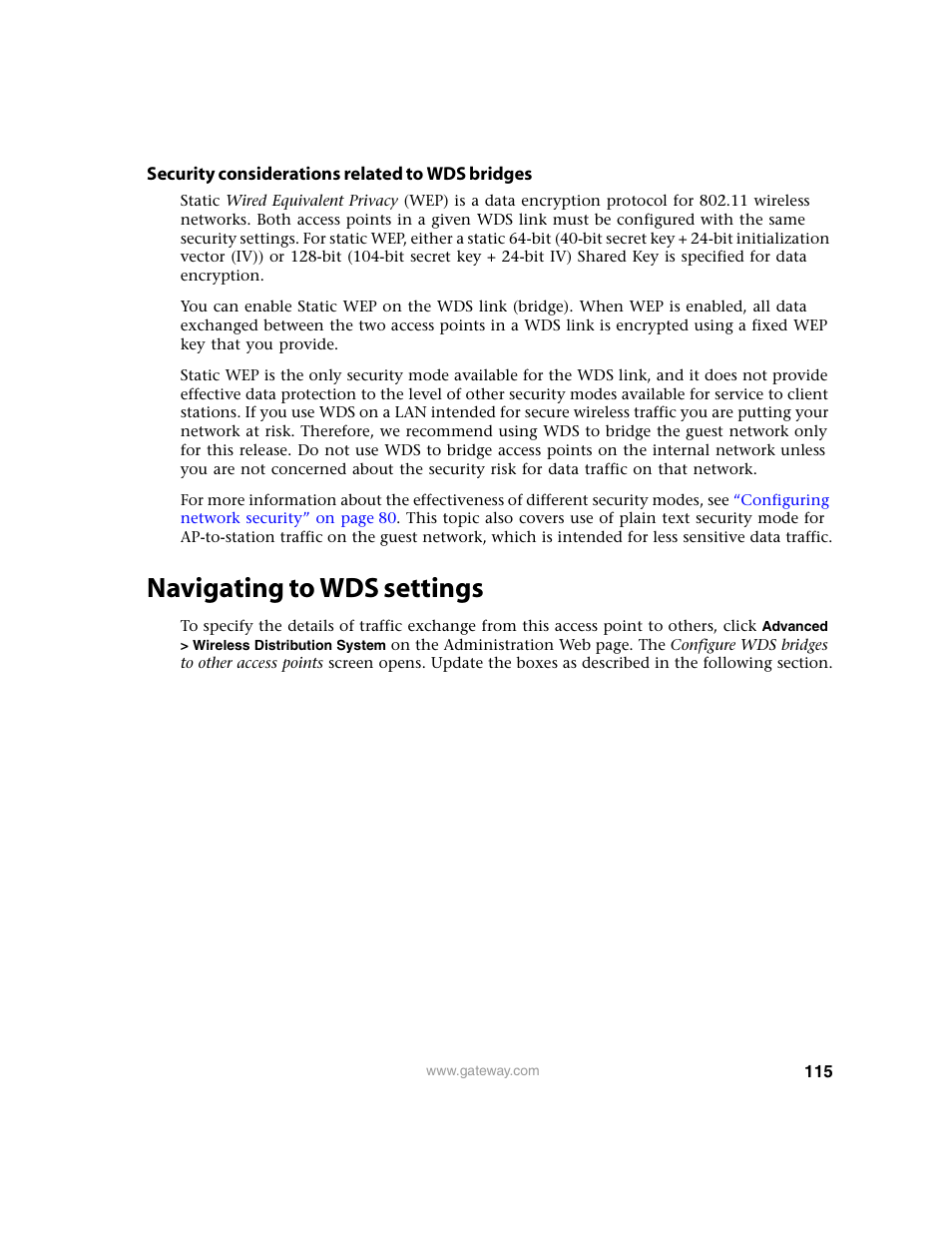 Security considerations related to wds bridges, Navigating to wds settings | Gateway 7001 Series User Manual | Page 120 / 218