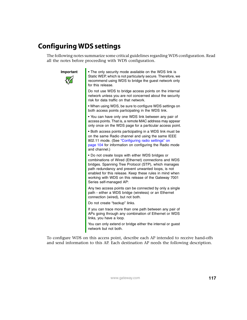 Configuring wds settings | Gateway 7001 Series User Manual | Page 122 / 218