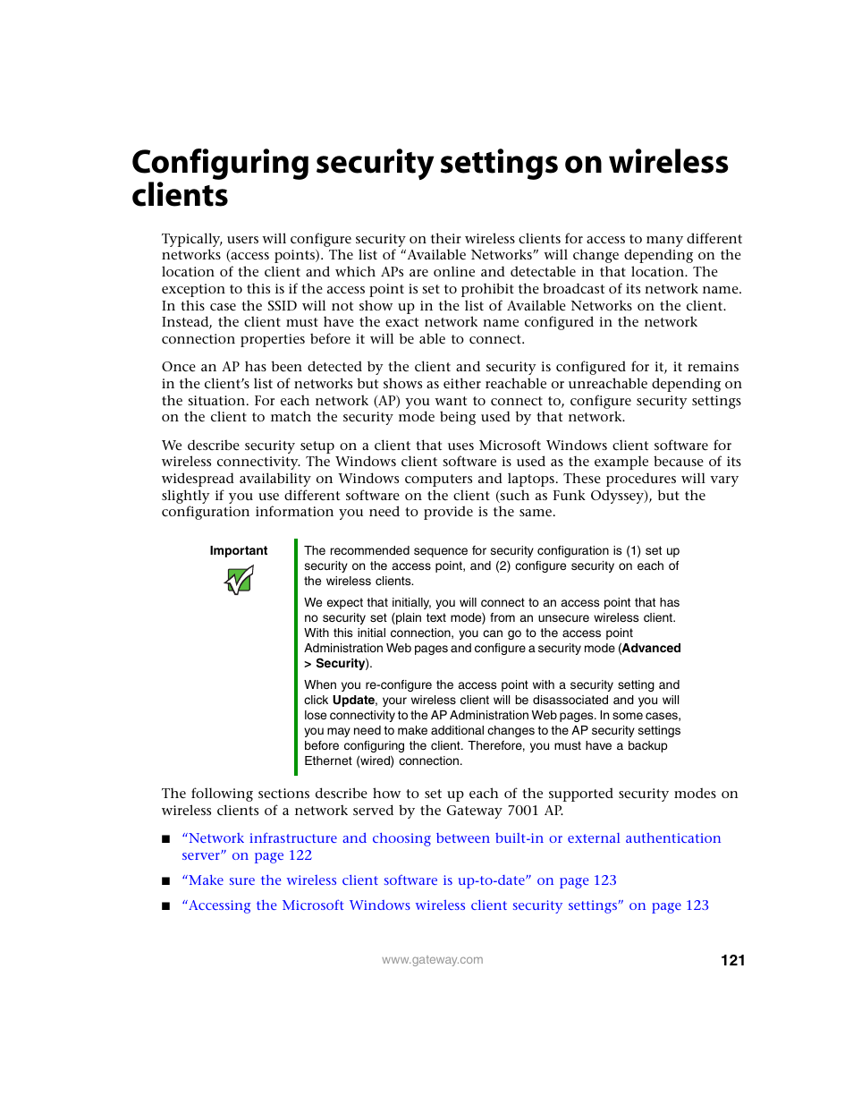 Configuring security settings on wireless clients | Gateway 7001 Series User Manual | Page 126 / 218