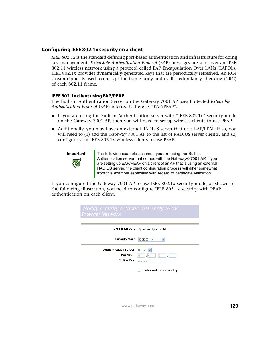 Configuring ieee 802.1x security on a client, Ieee 802.1x client | Gateway 7001 Series User Manual | Page 134 / 218