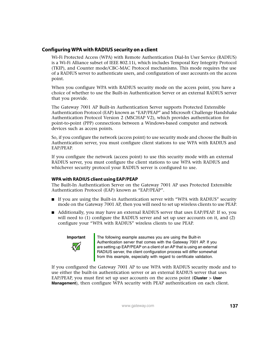 Configuring wpa with radius security on a client, Wpa with radius | Gateway 7001 Series User Manual | Page 142 / 218