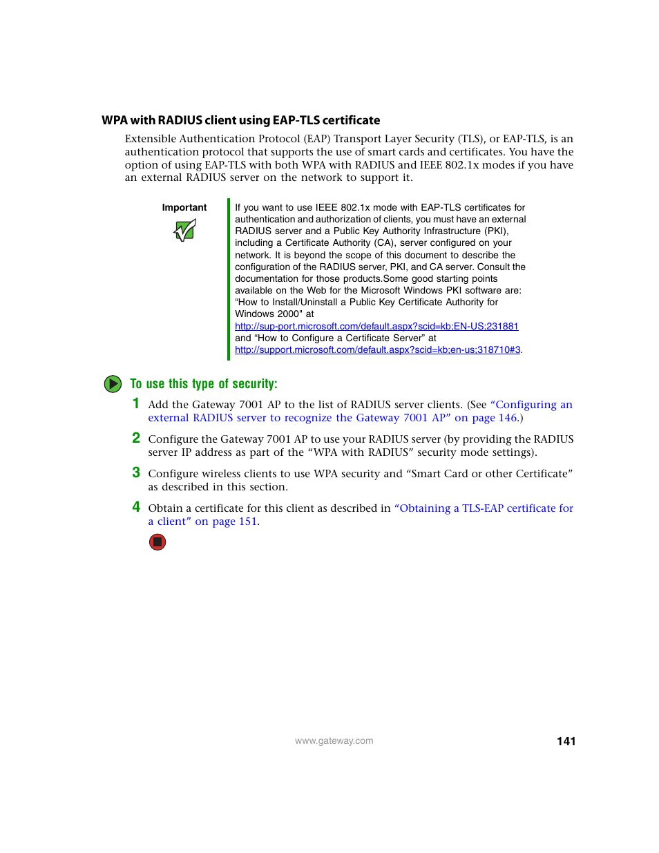 Wpa with radius client using eap-tls certificate | Gateway 7001 Series User Manual | Page 146 / 218